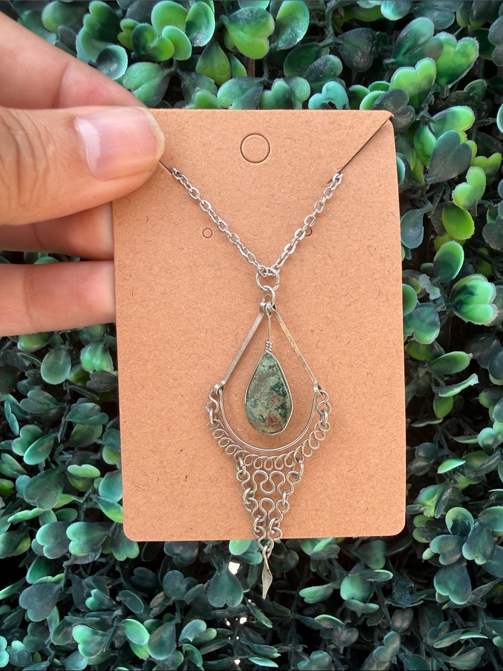 Repurposed Boho Teardrop Green Stone Pendant Necklace
